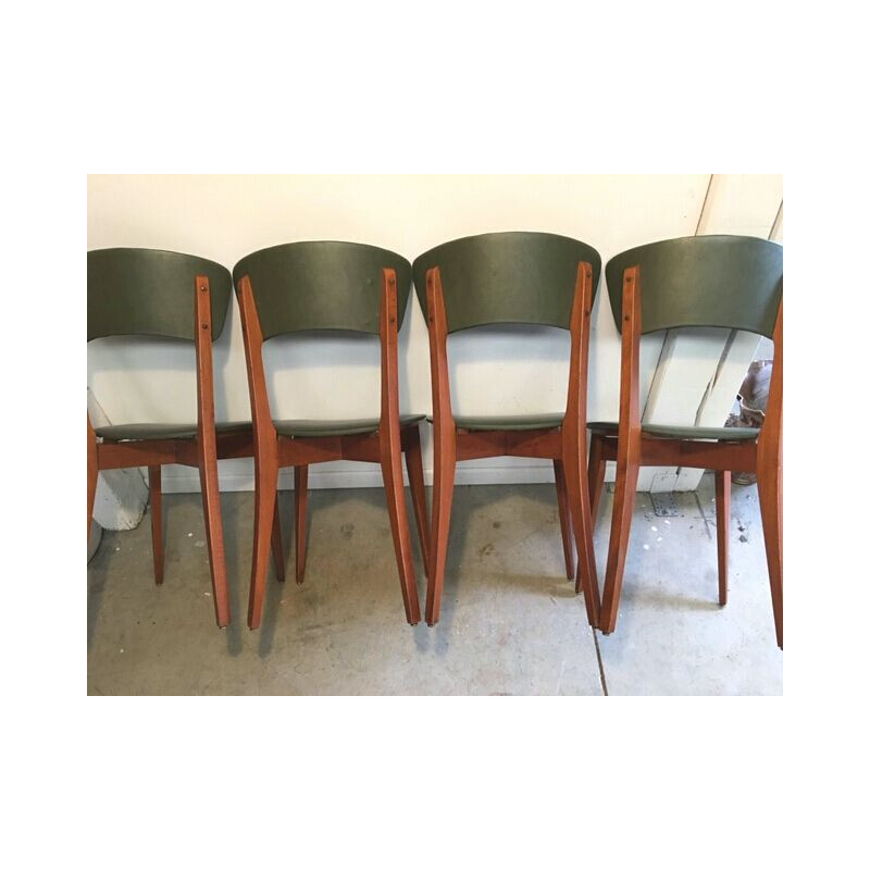 Ensemble de 4 chaises vintage en bois et skai vert 1960
