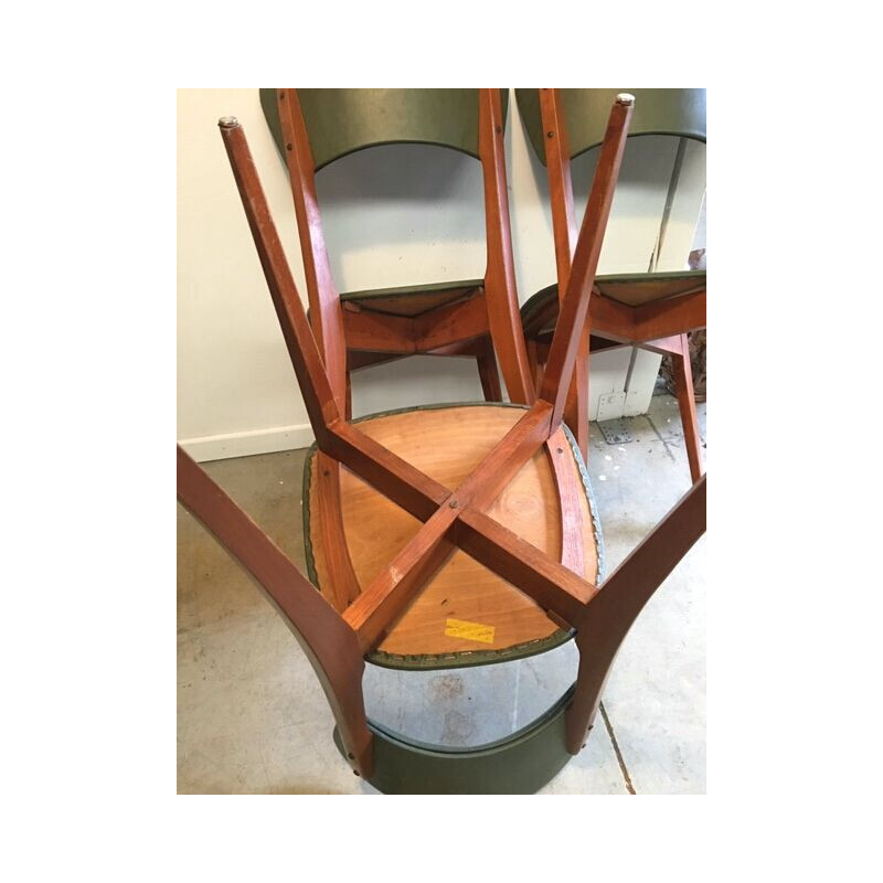 Set of 4 vintage chairs in wood and green leatherette 1960