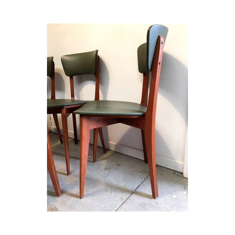 Ensemble de 4 chaises vintage en bois et skai vert 1960