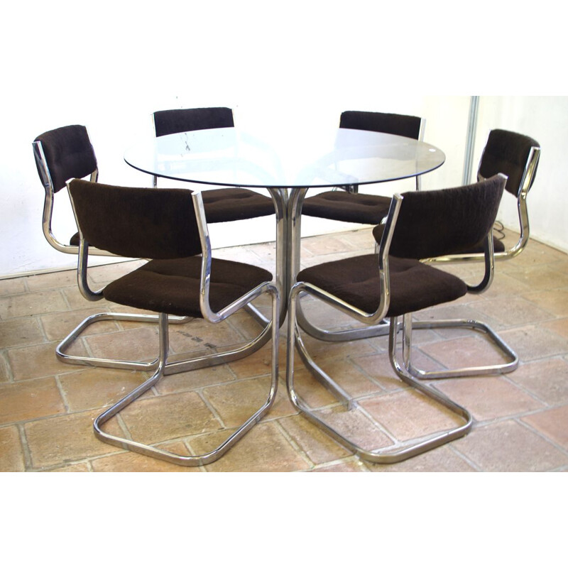 Vintage dining set in smoked glass and steel 1970