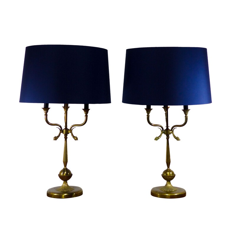 Pair of vintage french blue lamps in brass 1940