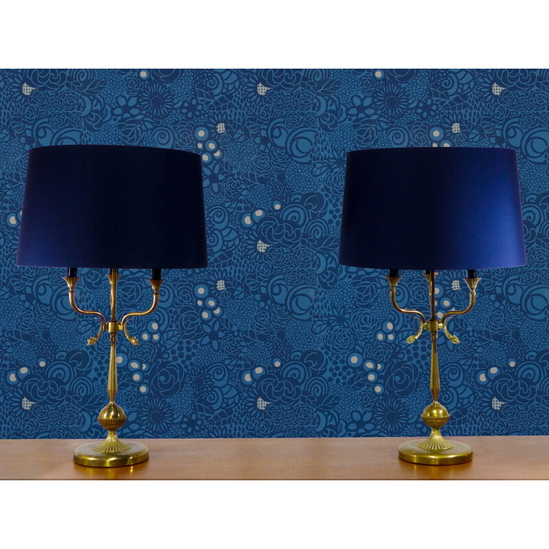 Pair of vintage french blue lamps in brass 1940