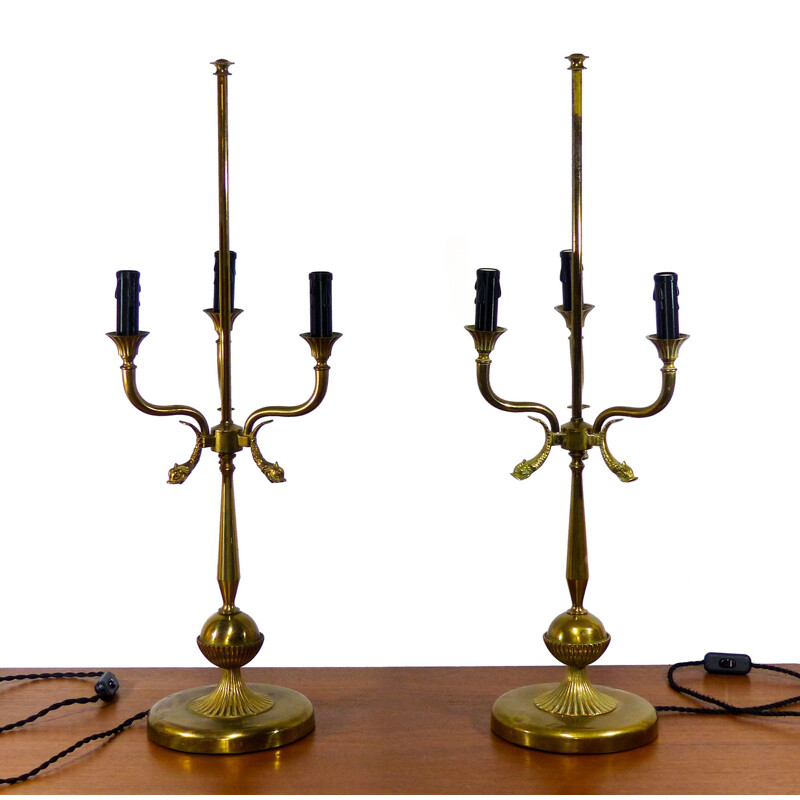 Pair of vintage french blue lamps in brass 1940