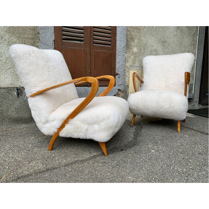 Pair of vintage armchairs by Giuglielmo Ulrich in sheepskin and wood 1960