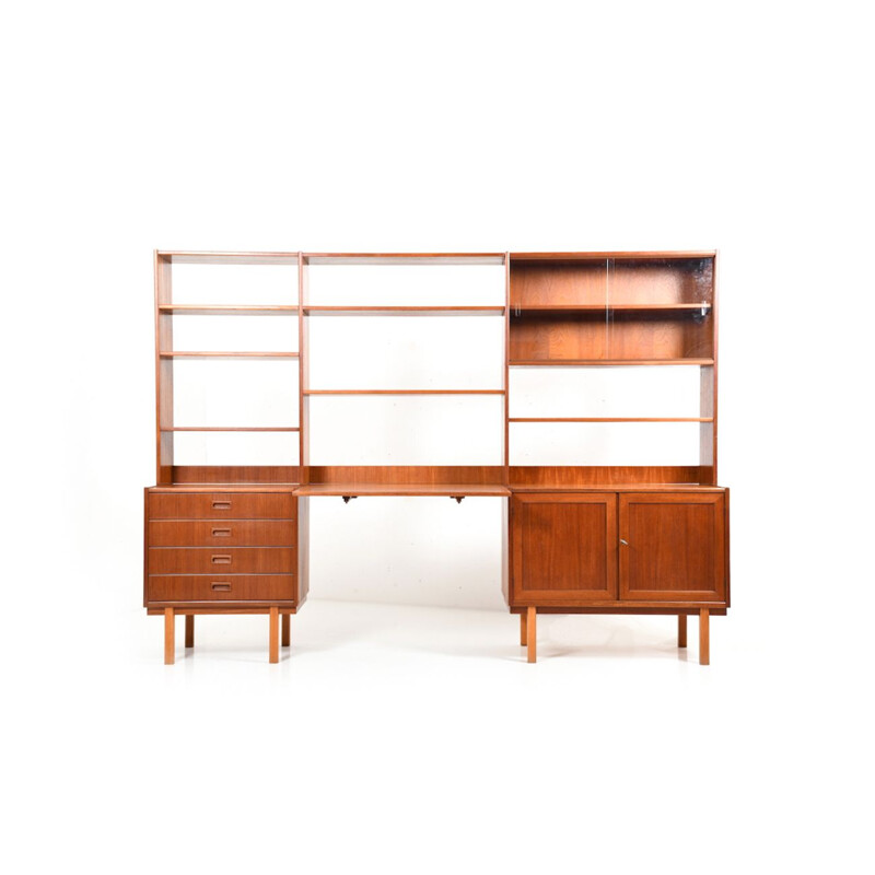 Vintage scandinavian wall shelf system in teak and birch 1950