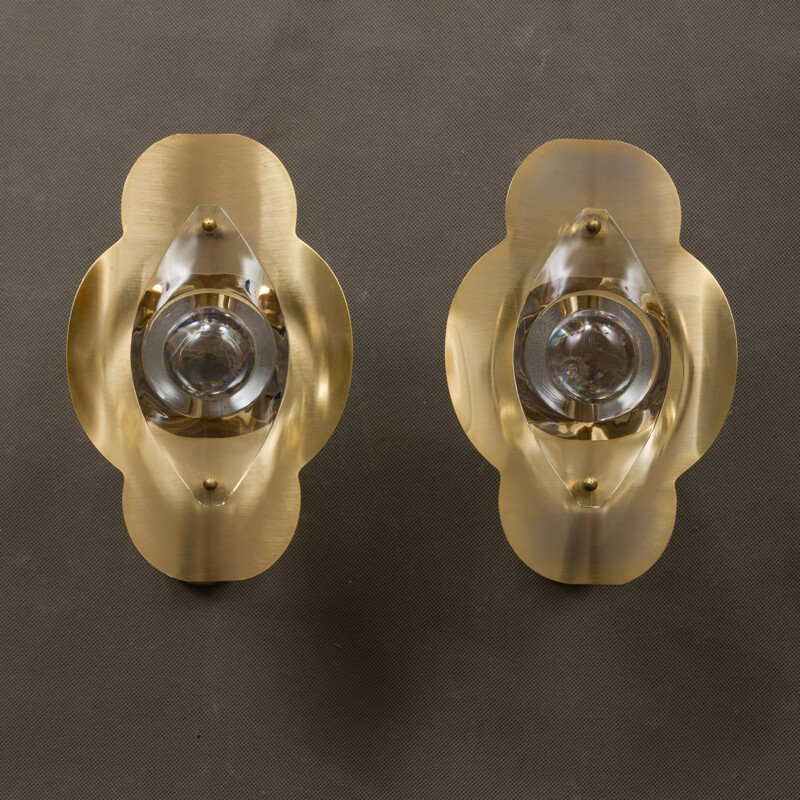 Pair of vintage sconces by Sciolari in brass and glass 1970