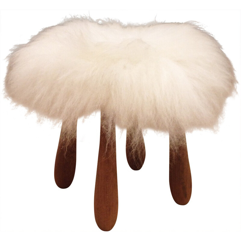 Scandinavian stool in teak and sheepskin - 1940s