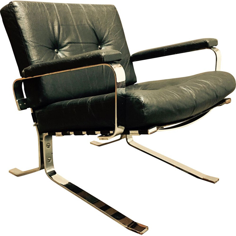 Vintage Armchair black leather and chrome 1960