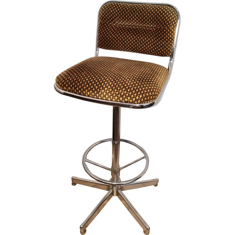 Vintage bar stool in chromed metal and velvet 1970 