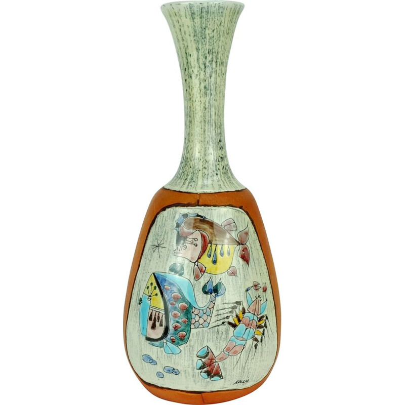 Vintage Italian ceramic vase leather covered hand painted 1950