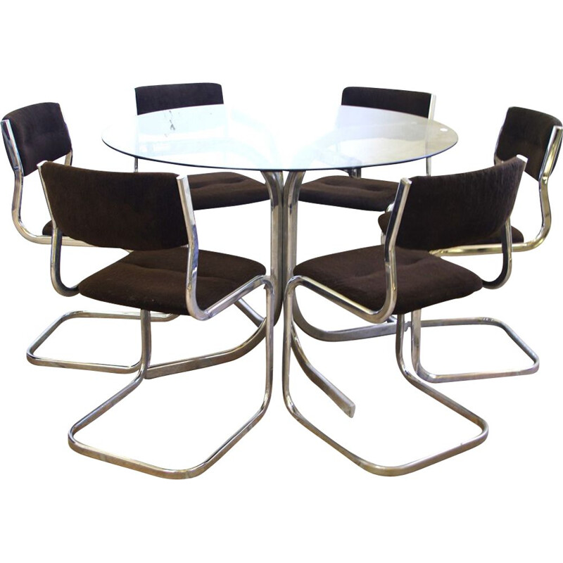 Vintage dining set in smoked glass and steel 1970