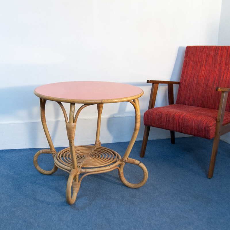 Table basse vintage en rotin et formica rouge - 1960