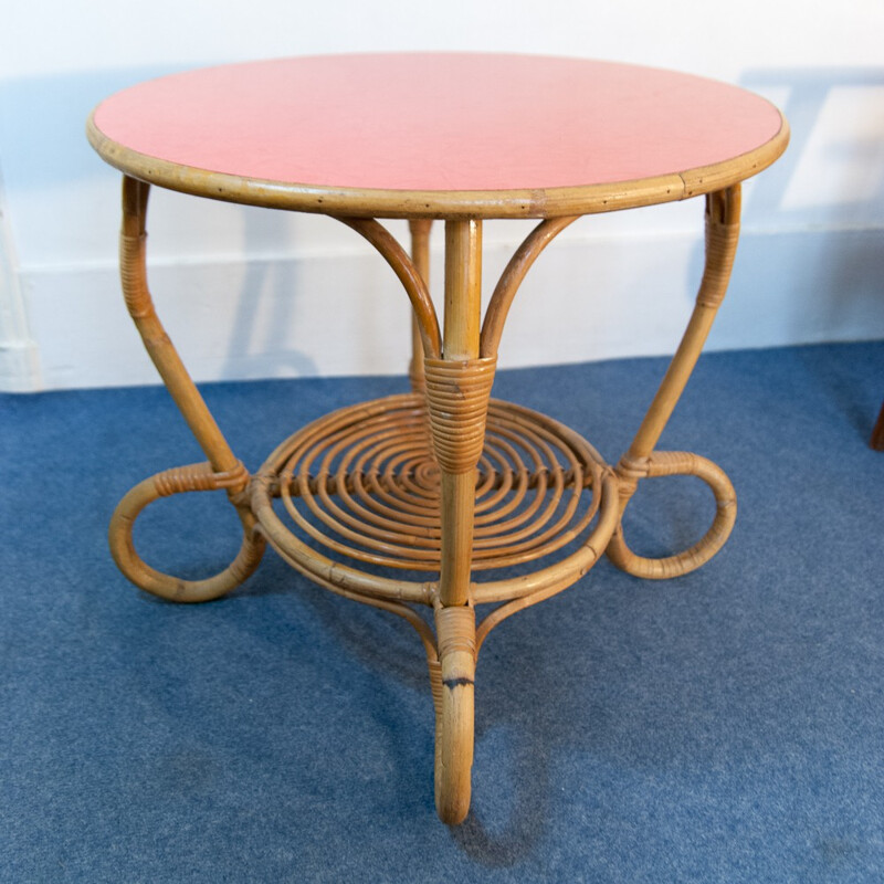 Vintage coffee table in rattan and red formica - 1960s
