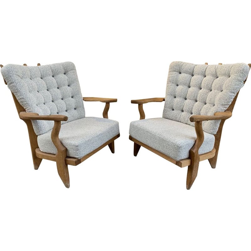 Pair of vintage armchairs by Guillerme and Chambron in grey fabric and wood 1960