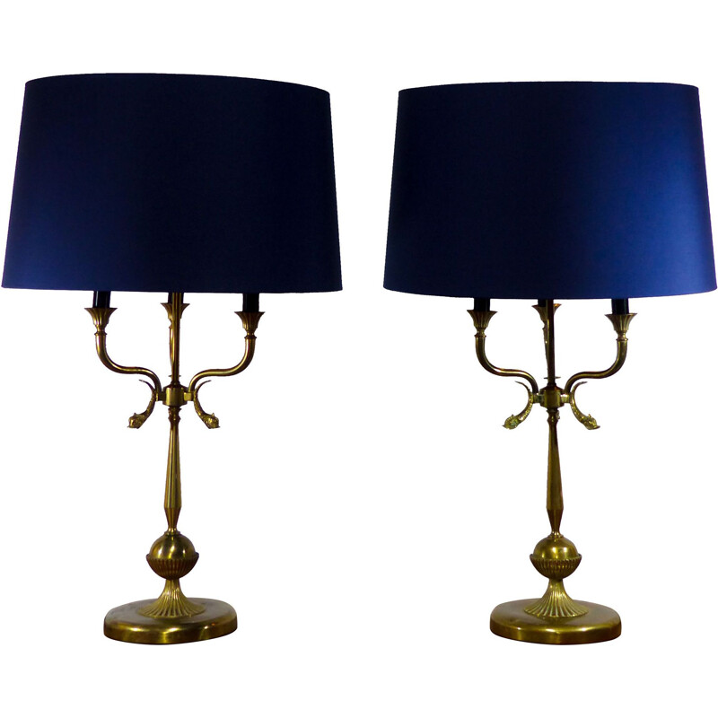 Pair of vintage french blue lamps in brass 1940