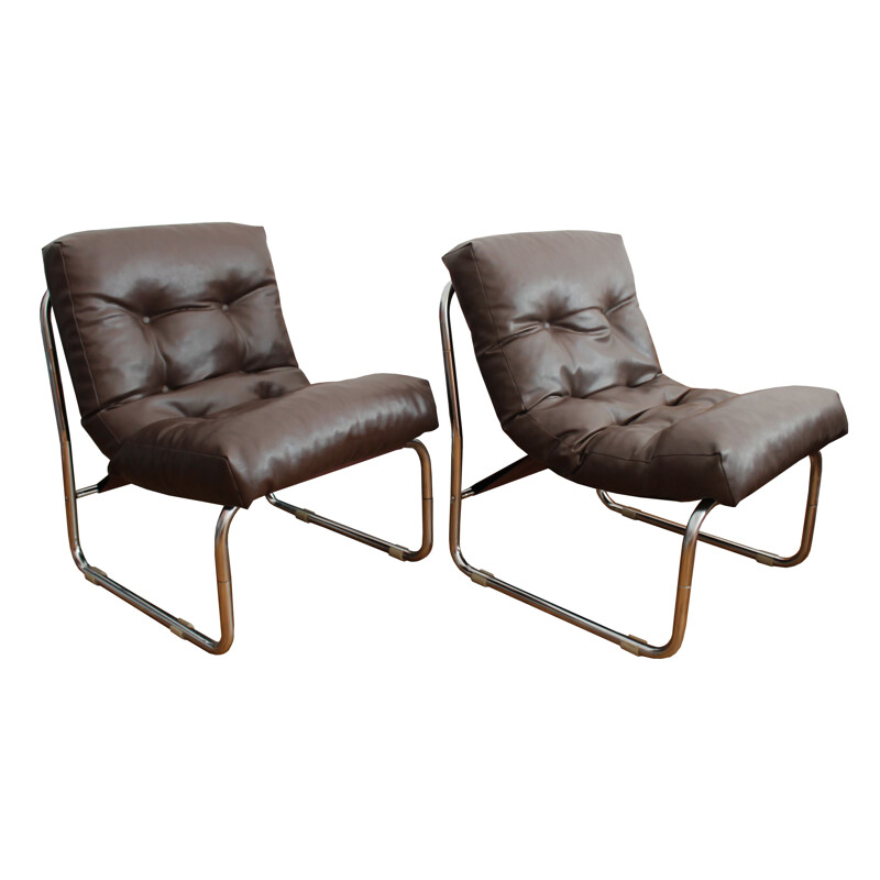 Pair of vintage Neomodernist Tubular Steel and Leather Armchairs