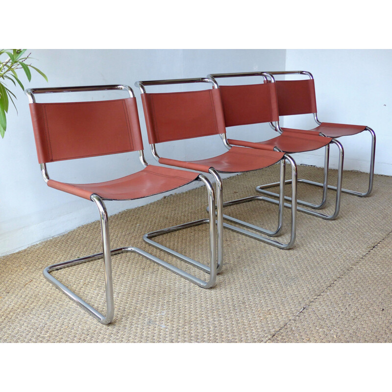 Suite de 4 chaises vintage par Marcel Breuer en cuir modèle B33 année 70