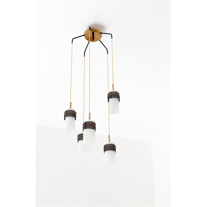 White Italian pendant lamp in opaline glass and brass