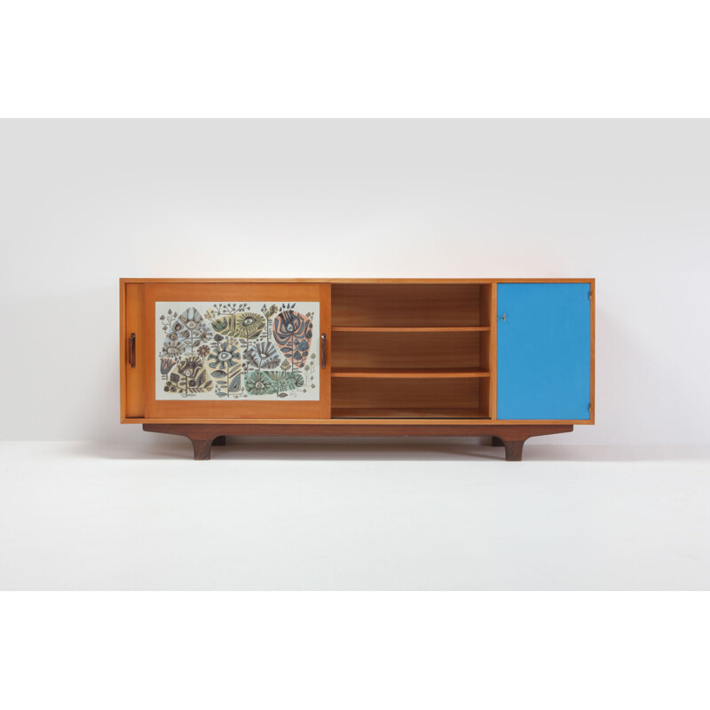 Vintage Sideboard Modernist Perignem Ceramic and Macassar Details Belgium 1950s 