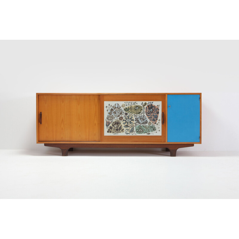 Vintage Sideboard Modernist Perignem Ceramic and Macassar Details Belgium 1950s 