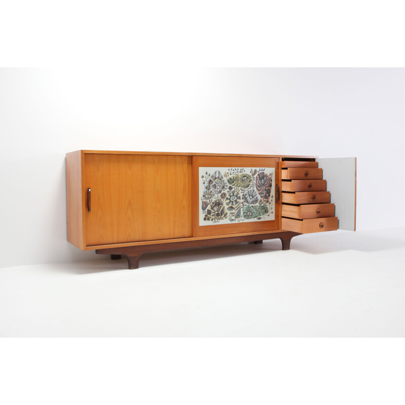 Vintage Sideboard Modernist Perignem Ceramic and Macassar Details Belgium 1950s 