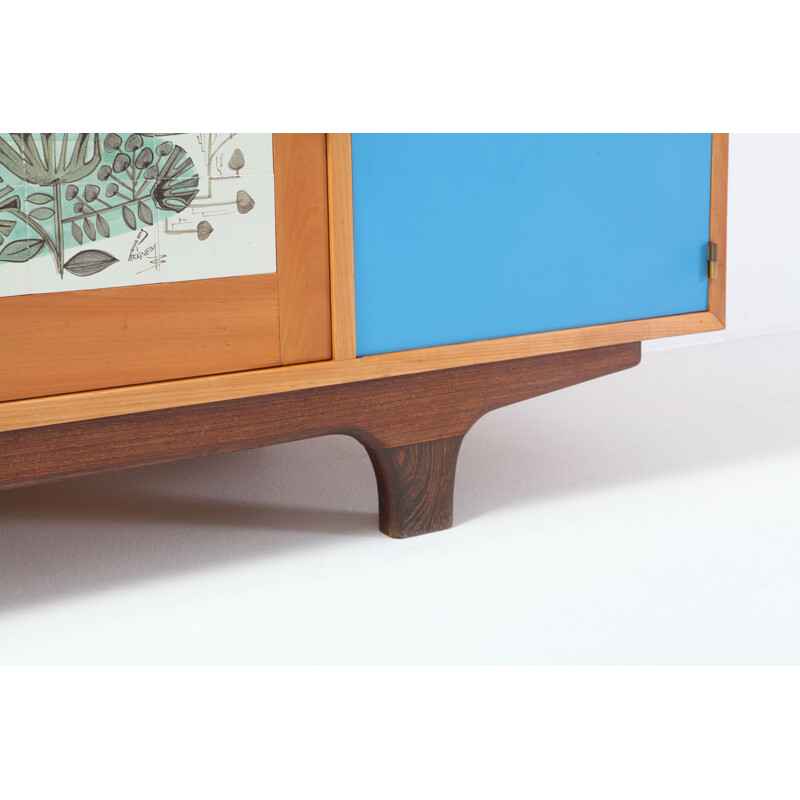 Vintage Sideboard Modernist Perignem Ceramic and Macassar Details Belgium 1950s 