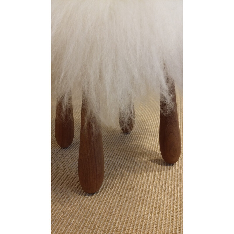 Scandinavian stool in teak and sheepskin - 1940s