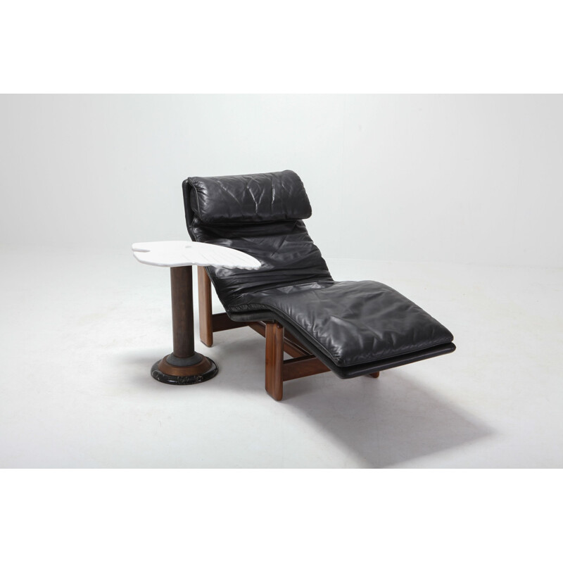 Vintage black leather and walnut armchair for Afra & Tobia Scarpa 1980