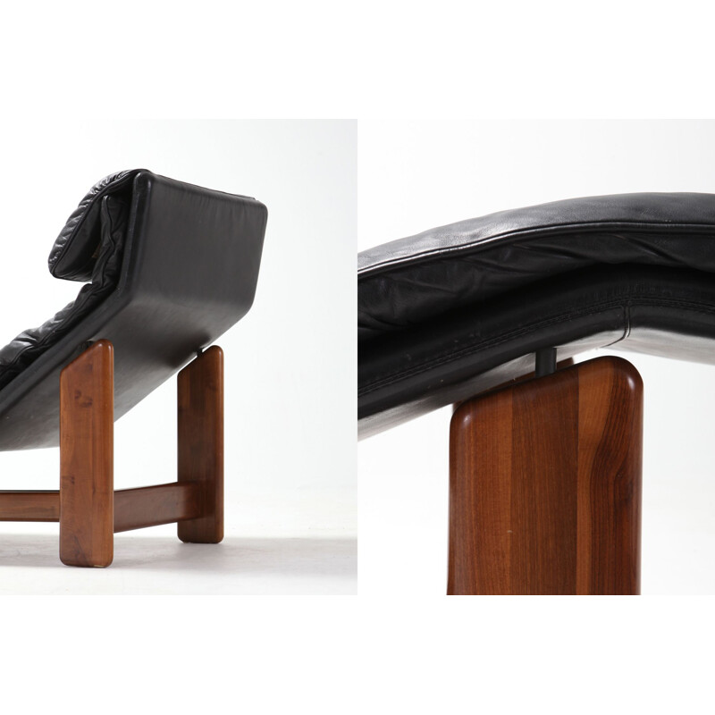 Vintage black leather and walnut armchair for Afra & Tobia Scarpa 1980