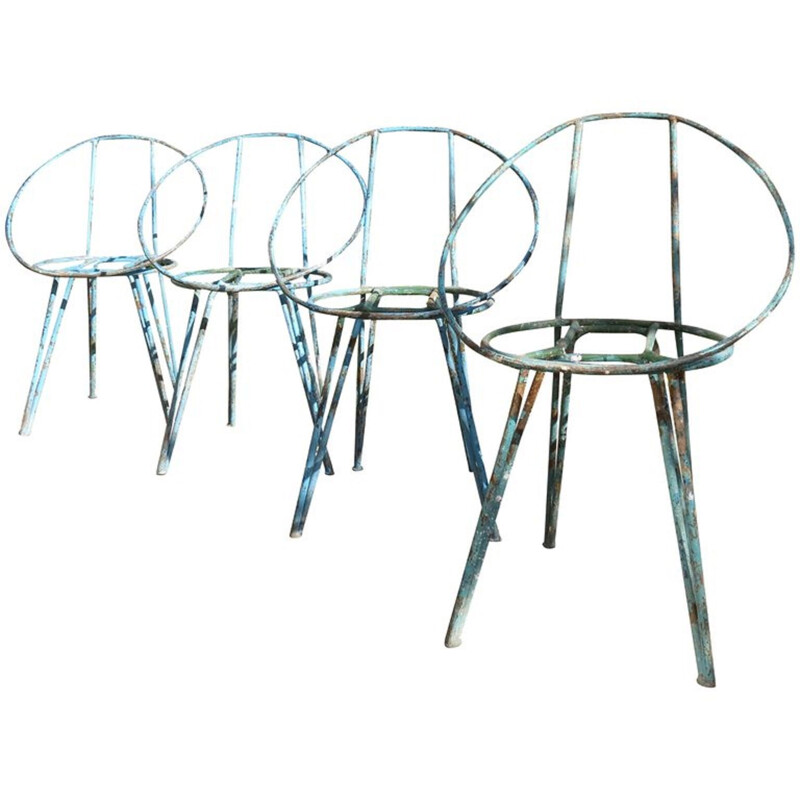 Set of 4 vintage blue metal garden chairs 1950