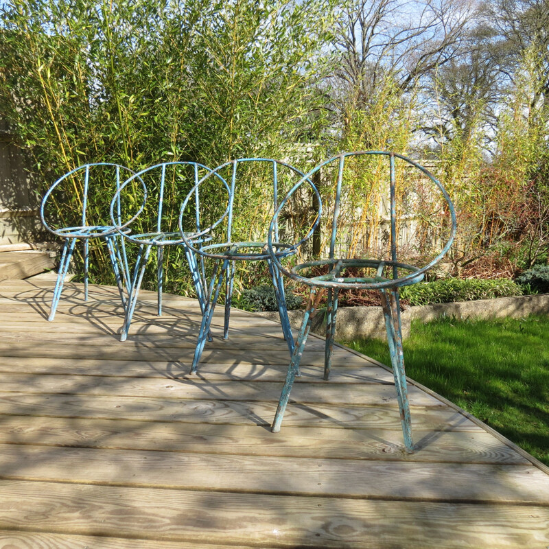 Set of 4 vintage blue metal garden chairs 1950