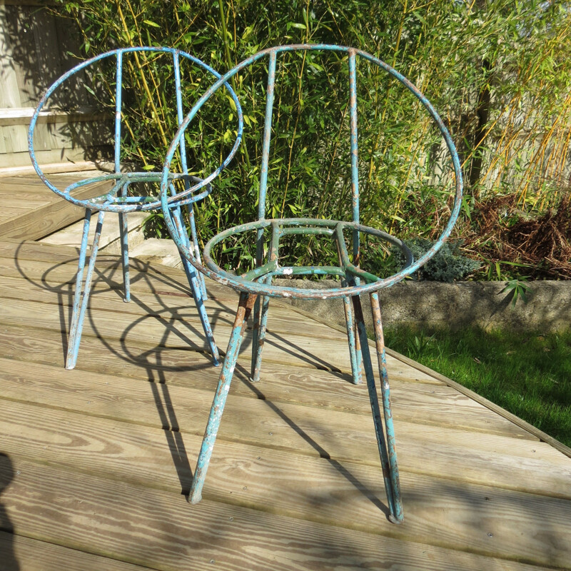 Ensemble de 4 chaises vintage en métal bleu 1950