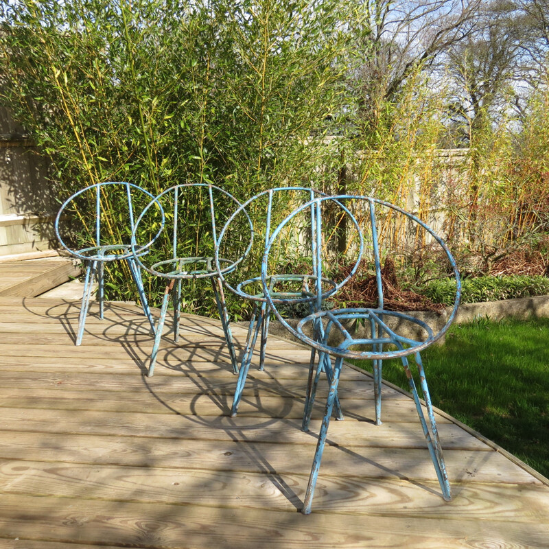 Set of 4 vintage blue metal garden chairs 1950