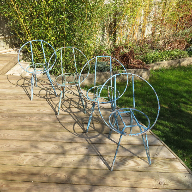 Set of 4 vintage blue metal garden chairs 1950