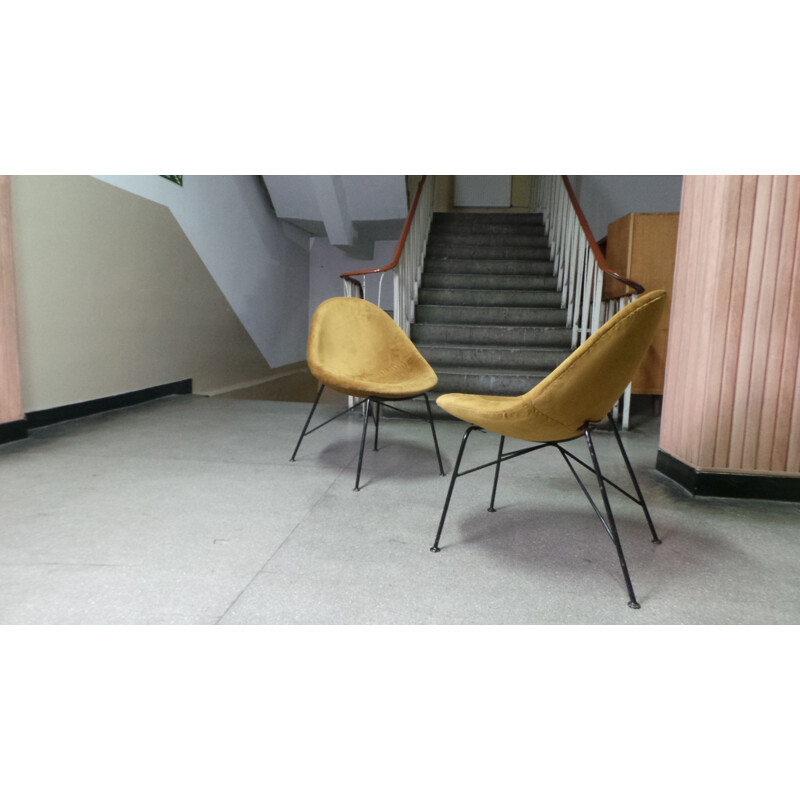 Pair of vintage chairs and stools by Navratil in yellow fabric and metal 1950