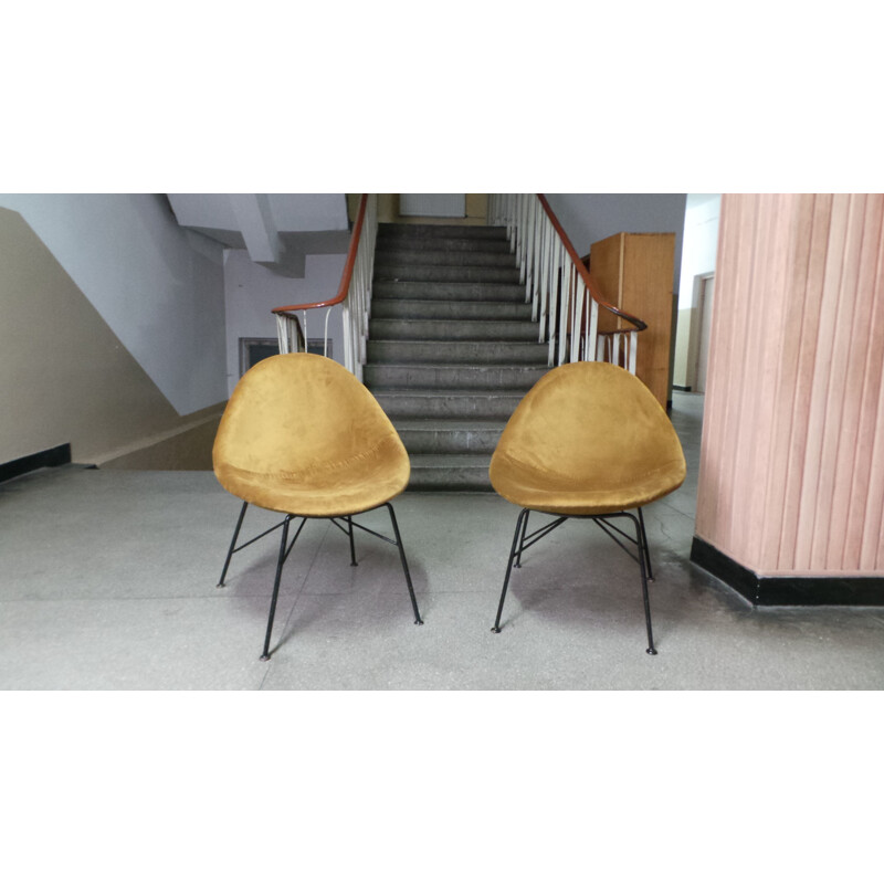 Pair of vintage chairs and stools by Navratil in yellow fabric and metal 1950