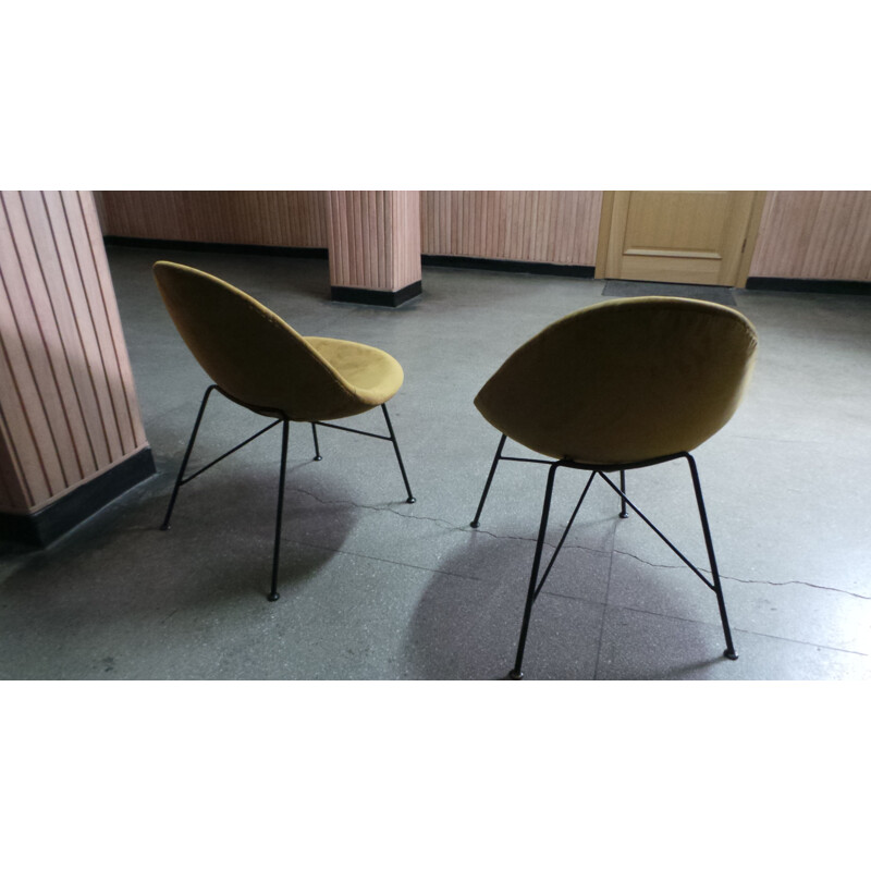 Pair of vintage chairs and stools by Navratil in yellow fabric and metal 1950