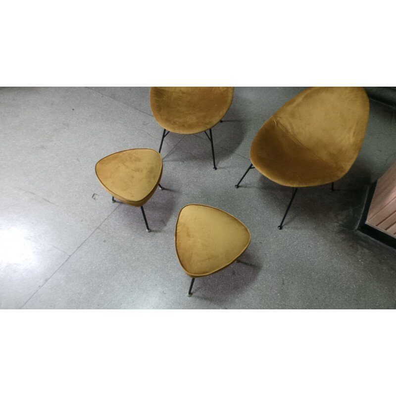 Pair of vintage chairs and stools by Navratil in yellow fabric and metal 1950