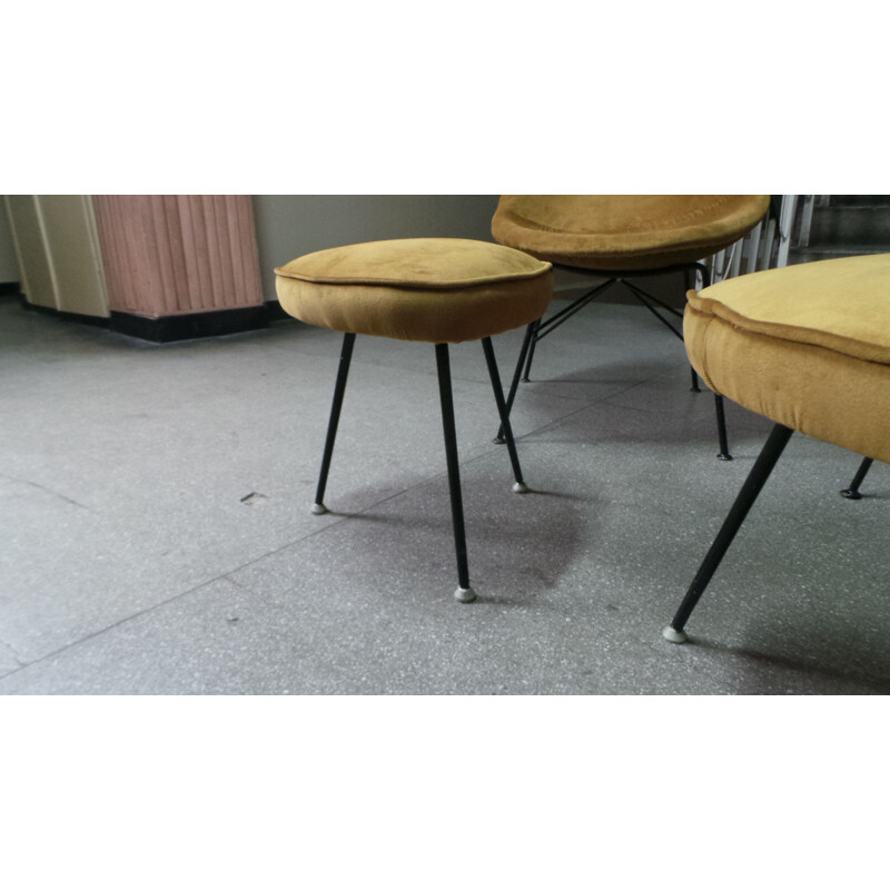 Pair of vintage chairs and stools by Navratil in yellow fabric and metal 1950