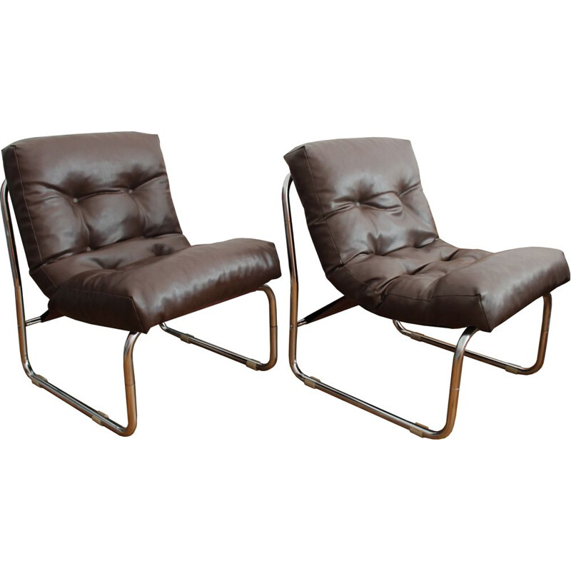 Paire de fauteuils vintage en acier tubulaire et cuir