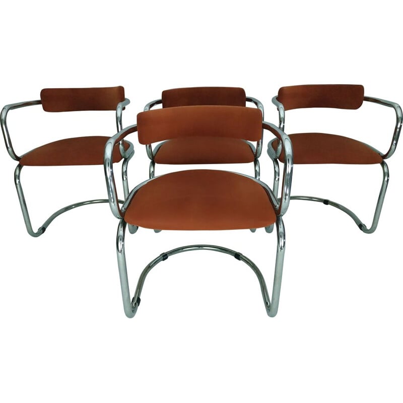 Suite de 4 chaises à repas vintage en velours foncé 1970
