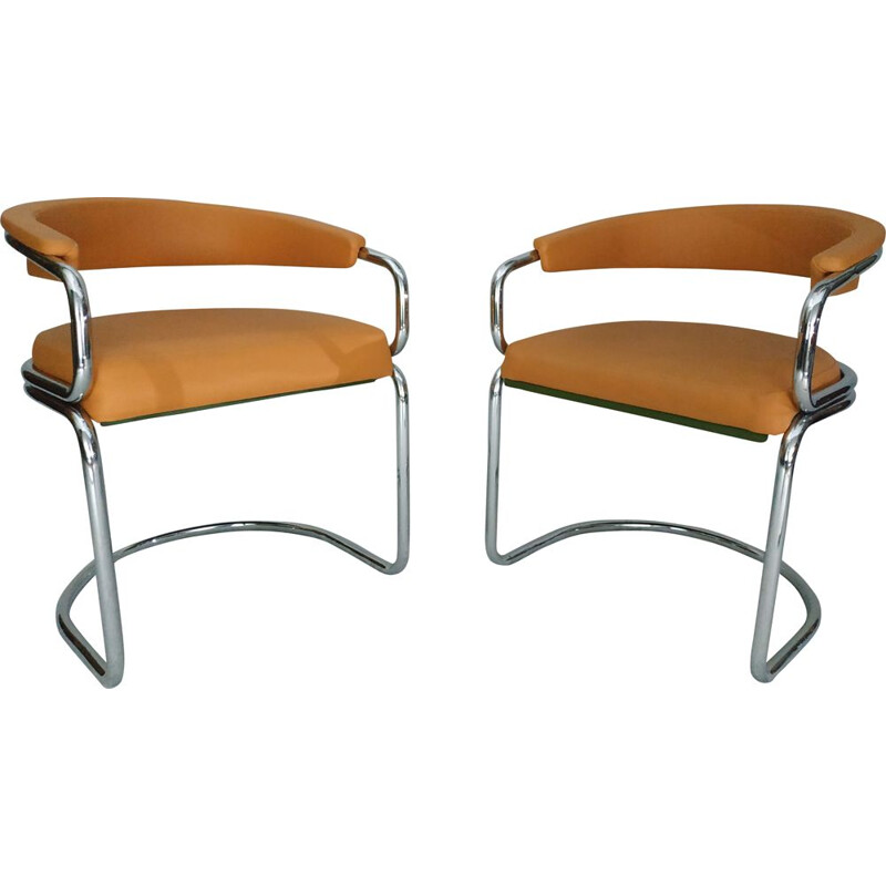 Pair of vintage armchairs in tubular chrome and leather camel 1970s