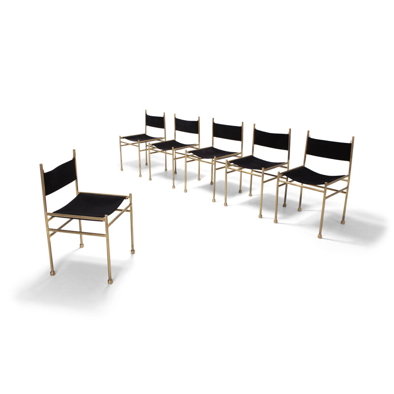 Set of 6 brass and black velvet chairs by Luciano Frigerio