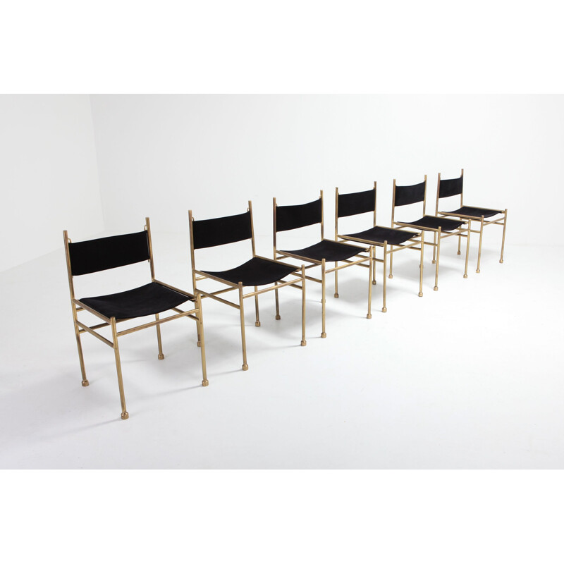 Set of 6 brass and black velvet chairs by Luciano Frigerio