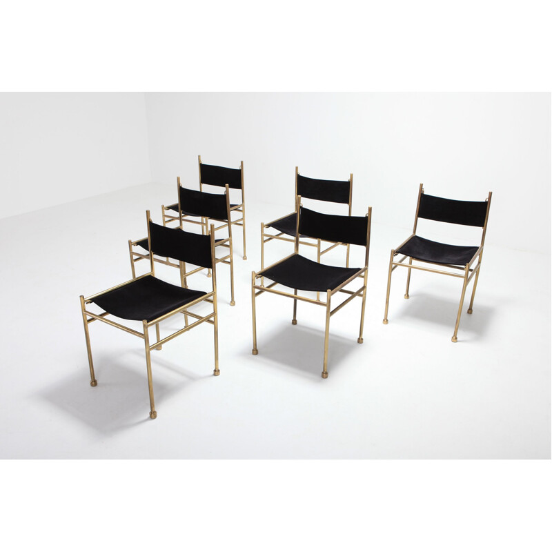 Set of 6 brass and black velvet chairs by Luciano Frigerio