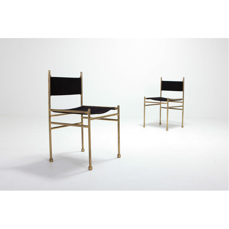 Set of 6 brass and black velvet chairs by Luciano Frigerio