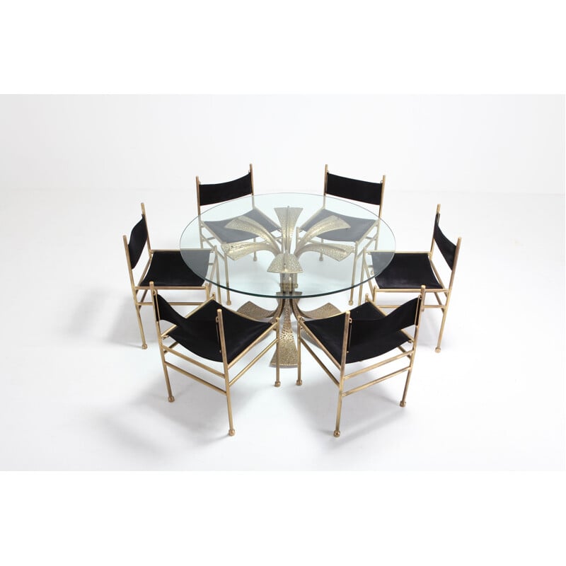 Set of 6 brass and black velvet chairs by Luciano Frigerio