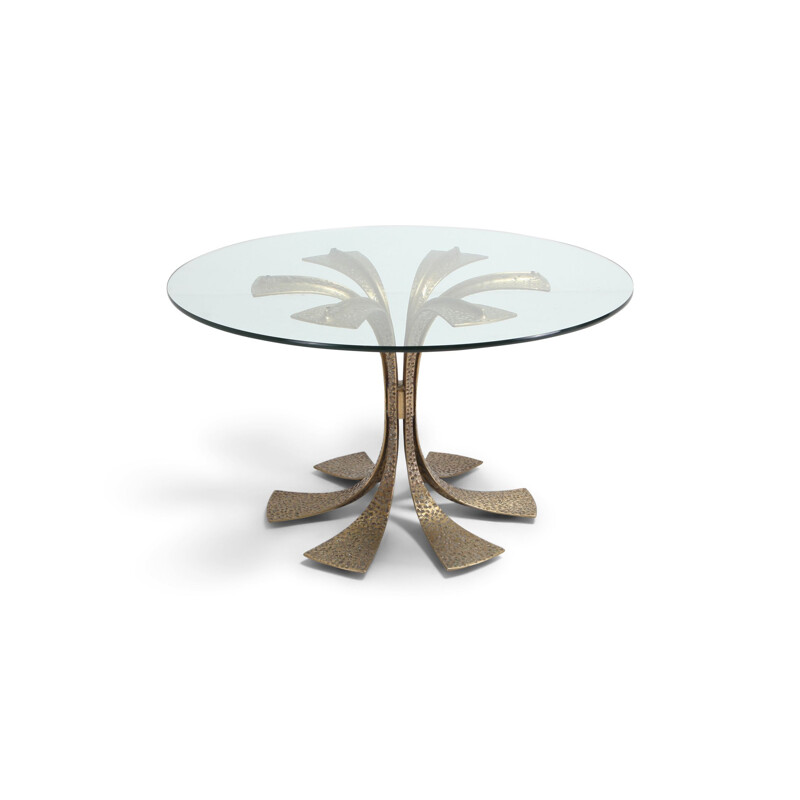 Table in hammered brass and glass by Luciano Frigerio