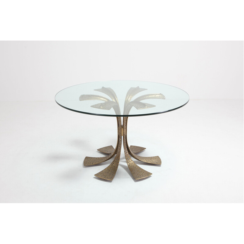 Table in hammered brass and glass by Luciano Frigerio