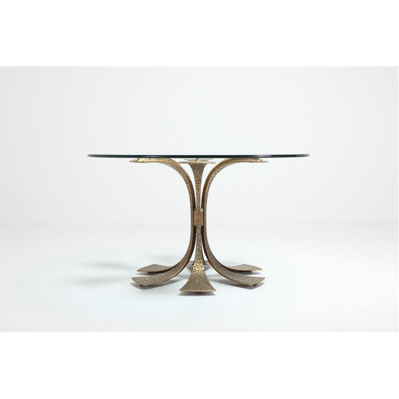 Table in hammered brass and glass by Luciano Frigerio